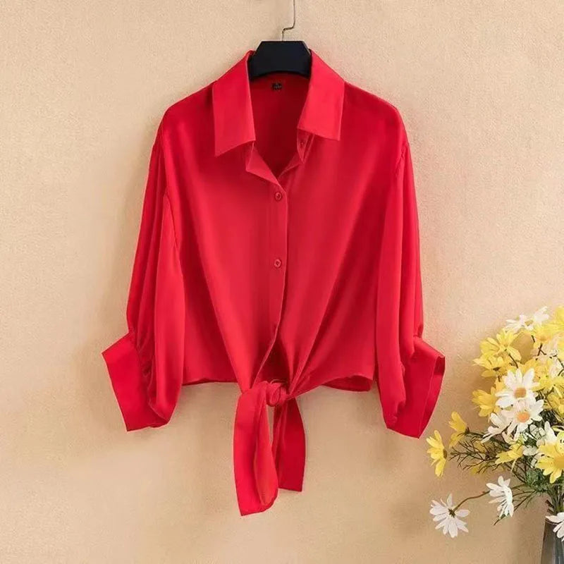 Xpqbb Summer Sun Protection Shirts Ladies Solid Color Tied Waist Half Sleeve Button Blouse Women Casual Loose Chiffon Shirt
