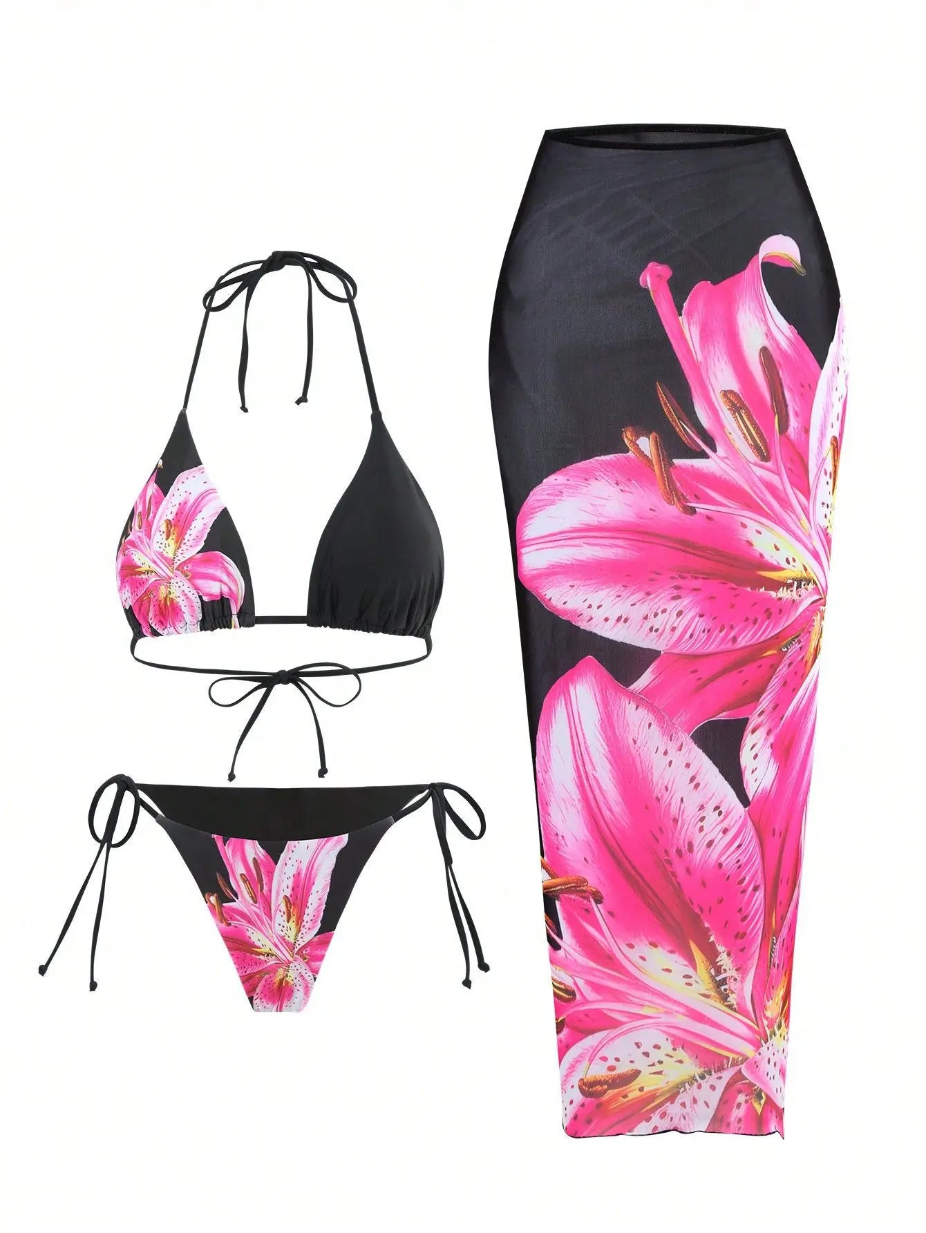 2026 New Flower Print Bikini Set Women's High Waist Long Skirt 3 Piece Swimsuit Sexy Mini Triangle Backless Thong Bathing Suit