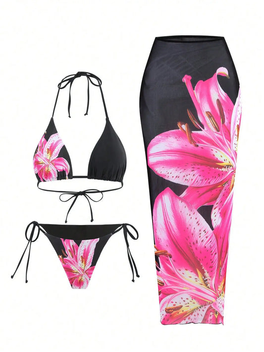 2026 New Flower Print Bikini Set Women's High Waist Long Skirt 3 Piece Swimsuit Sexy Mini Triangle Backless Thong Bathing Suit