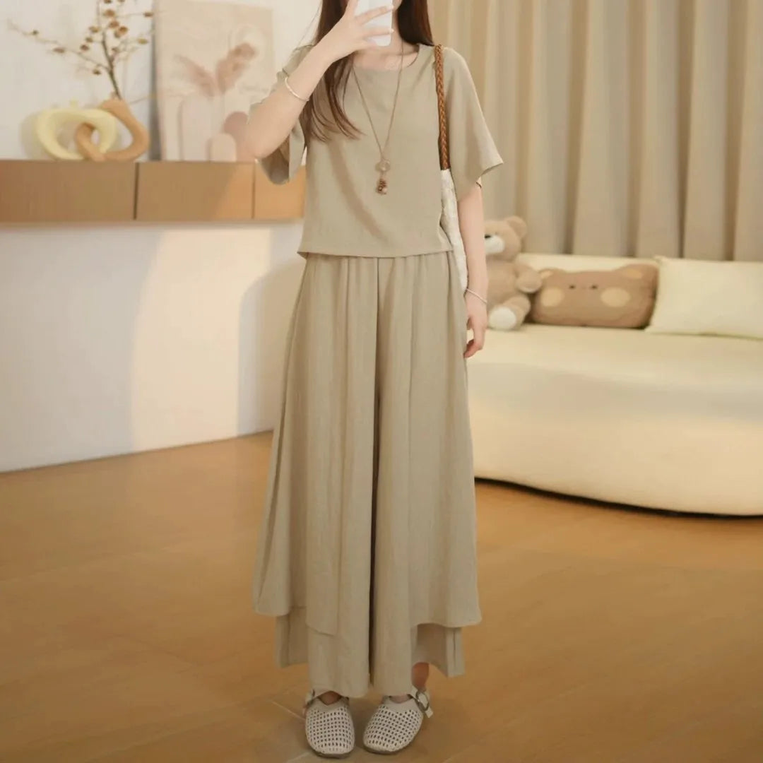 Fashionable Summer Outfit Women's Slimming Short Sleeve T-Shirt Skirt Pants Drapey Casual Meat Concealing Two-Piece Set