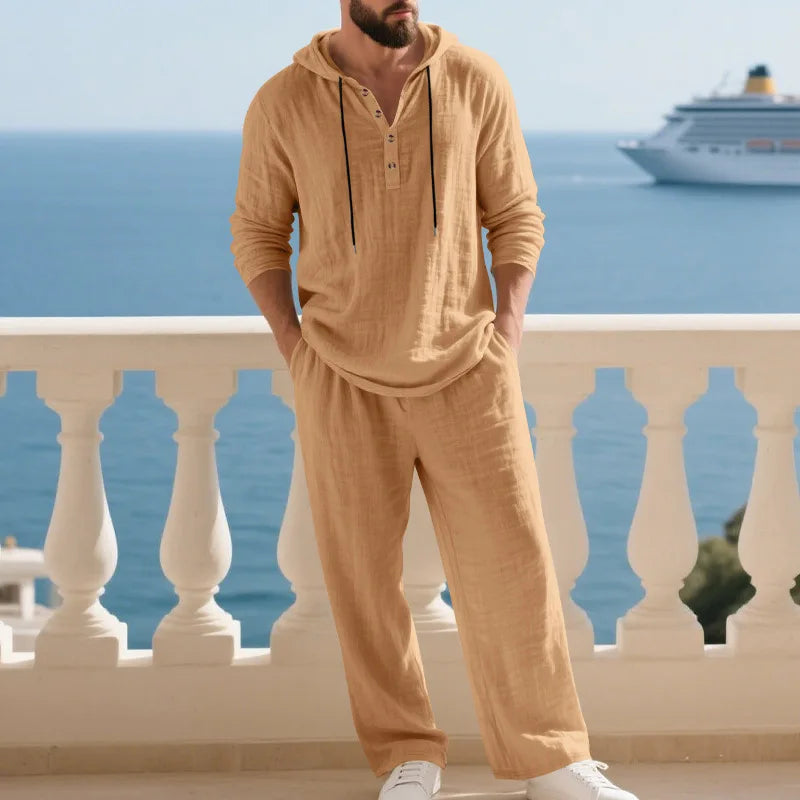 Men's Linen Hooded Sets 2 Piece Outfit Summer Casual Long Sleeve Hoodie and Wide Leg Pants Set for Men