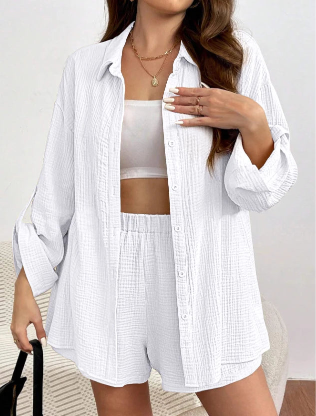 Solid Color Casual Loose Short Pants Sets For Women 2025 Elegant Summer Women's Two Pieces Suit Full Set Female Outfit Clothes