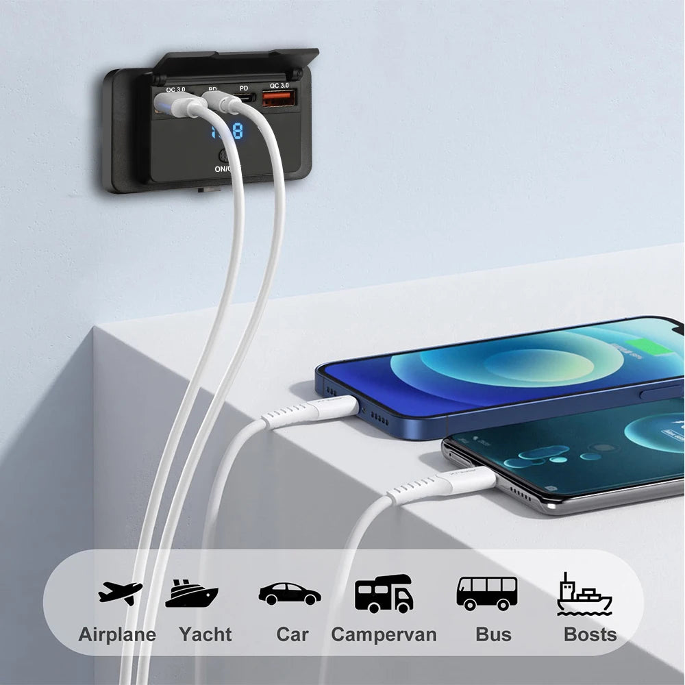 New 4 Ports Car Charger Socket Panel 12V/24V RV USB Outlet Dual QC3.0 PD Fast Charging Socket Accessories for Car Bus RV Truck