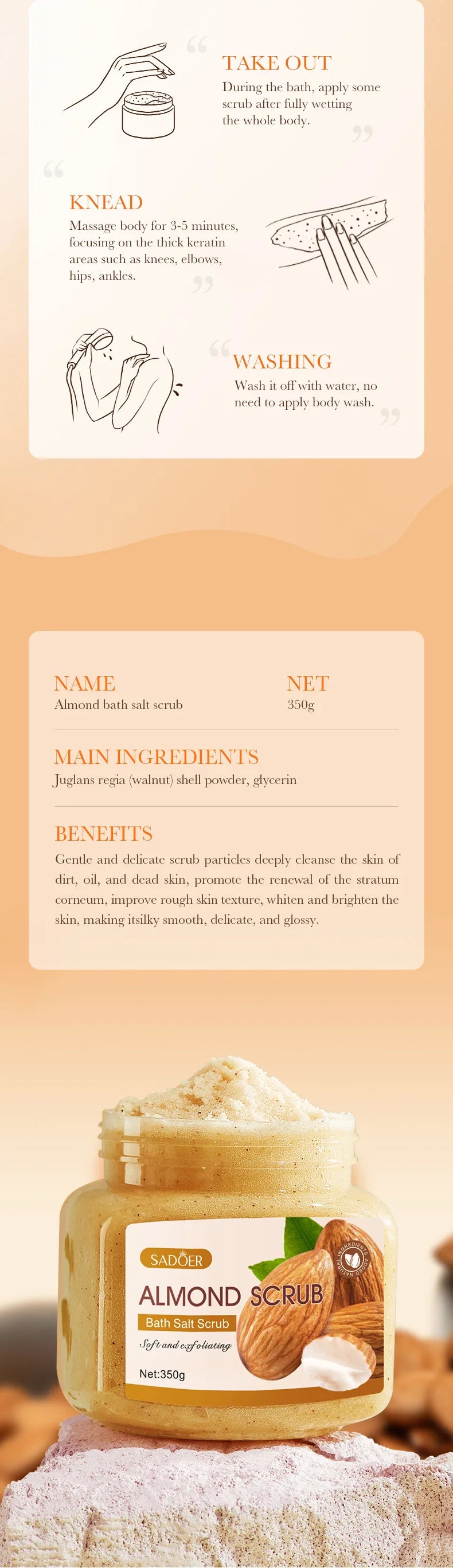 350g Body Bath Scrub, with Gentle and Fine Exfoliating Particles That Can Clean Dirt and Oil from the Skin, Improve Rough Skin Texture, Make the Skin Bright, and Give It a Silky, Smooth, and Radiant Feel - Home Care