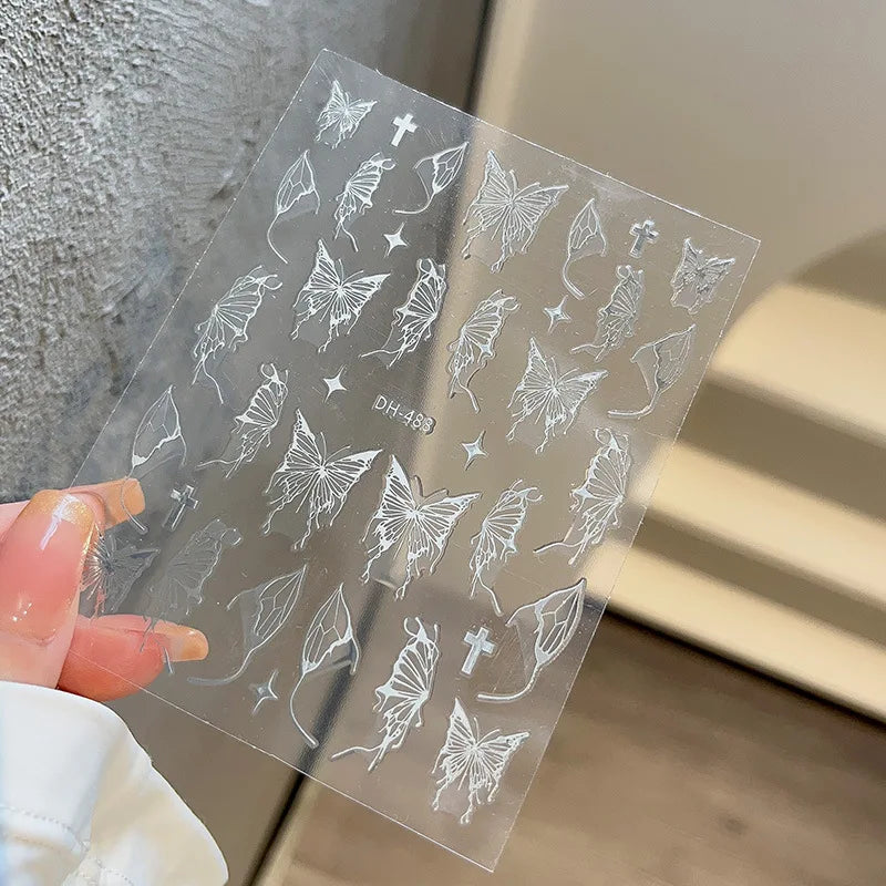 1PCS Black White Butterfly Laser Nail Stickers Y2K Nail Art Decoration Abstract Lines Bronzing Flowers Stickers For Nails