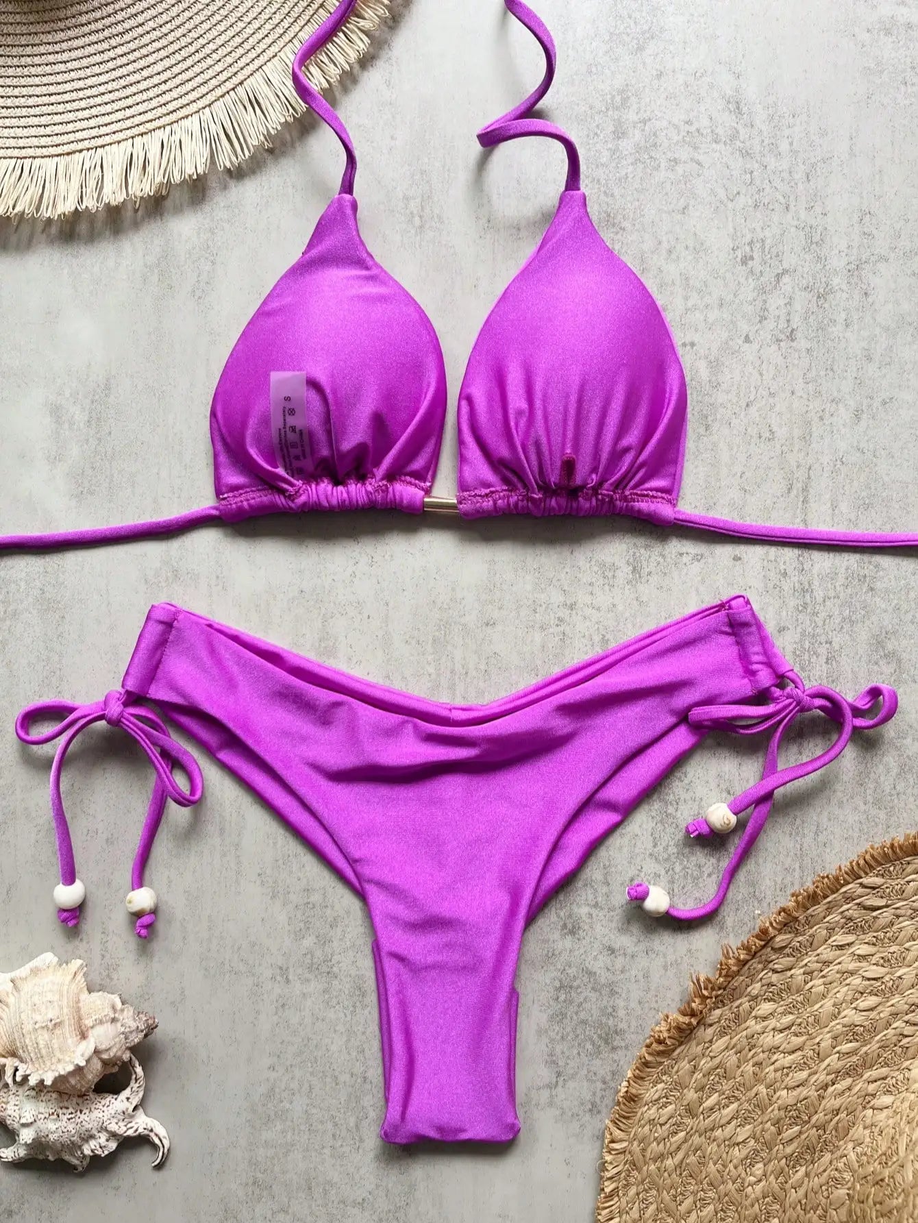Solid color bikini set 2026 women's new swimsuit 2-piece set bead neck hanging bikinis summer beach Swimwear