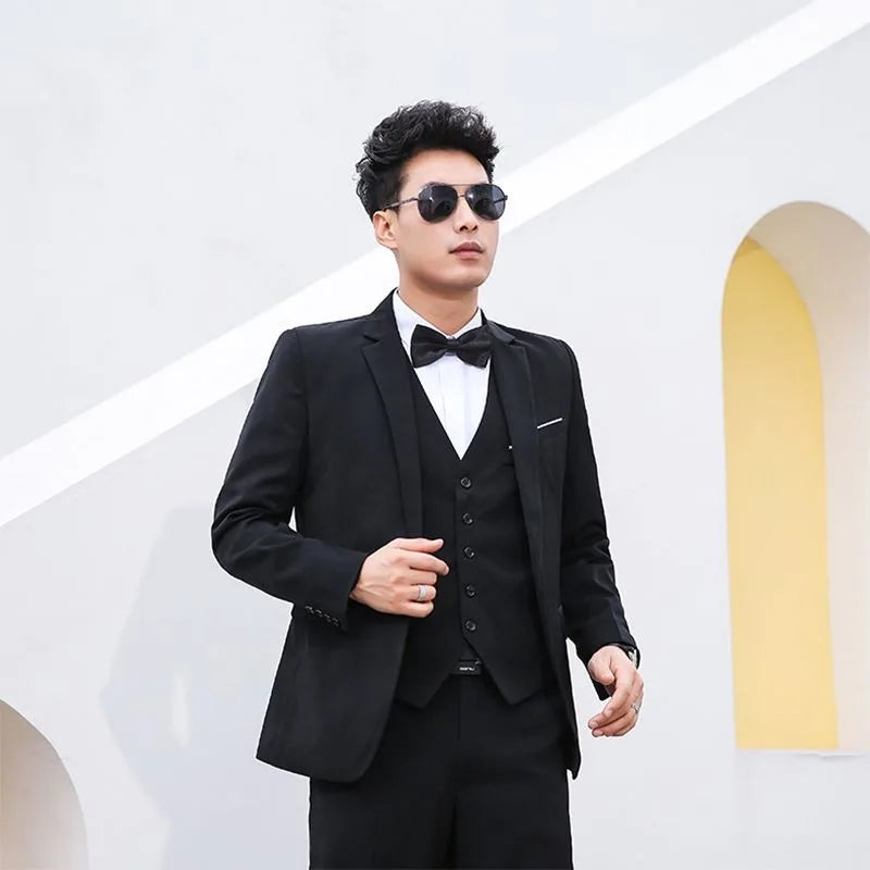 Men Suit 3 Piece Set Slim Fit Korean Style Best Man Groom Wedding Tuxedo Brother Group Formal Attire