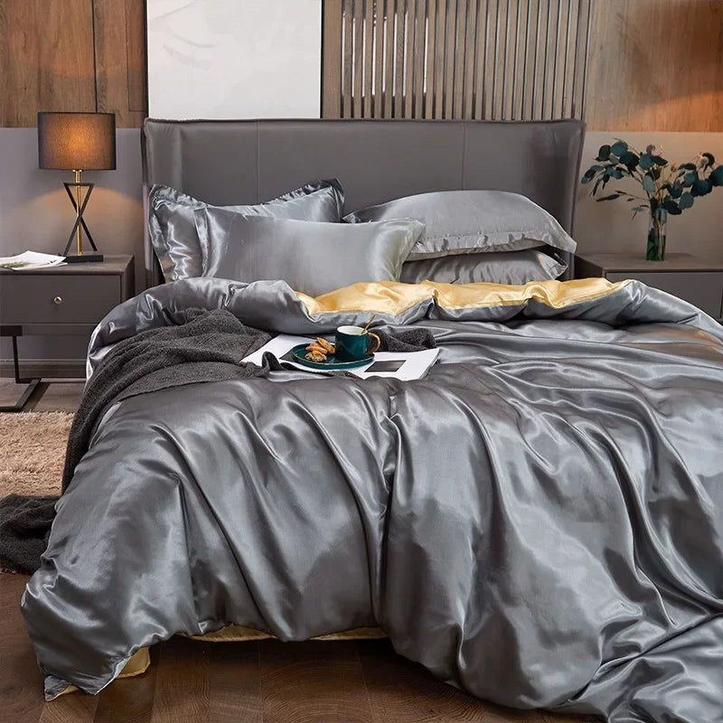 Solid Color Silk-like Bedding European and American Bed Sheet Quilt Cover Pillowcase