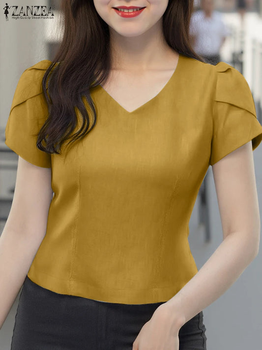 Summer Short Puff Sleeve Blouse ZANZEA Women Tunic Tops 2025 Fashion Solid Color Shirts Sexy V-Neck Casual Blusas Streetwear