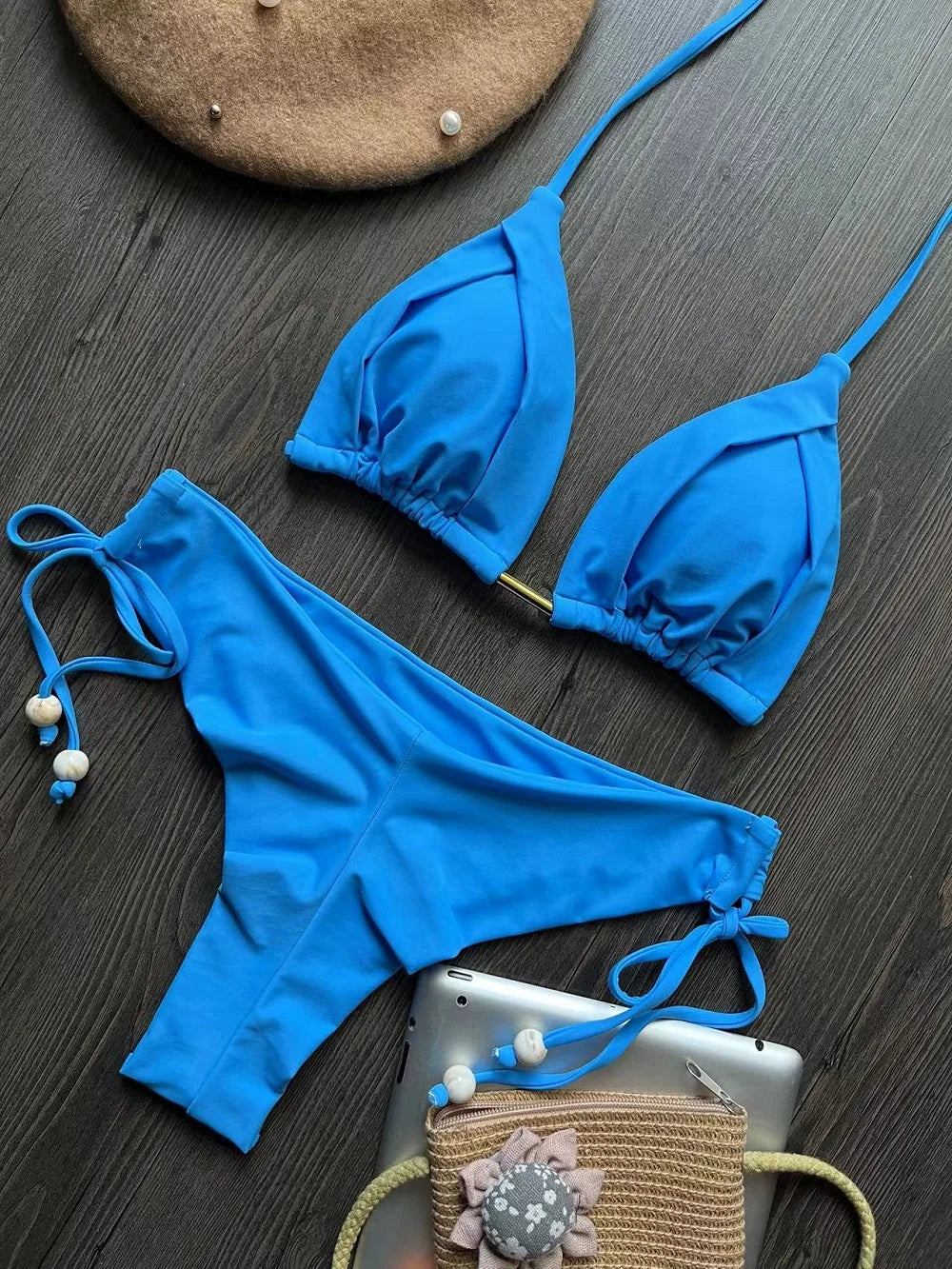 Solid color bikini set 2026 women's new swimsuit 2-piece set bead neck hanging bikinis summer beach Swimwear