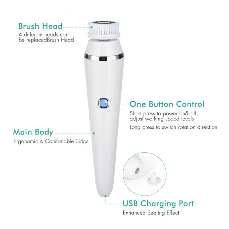 Facial Cleansing Brush 4 in 1 Electric Rechargeable Waterproof Rotating Face Cleaner Deep Pore Cleansing Skin Care Tool