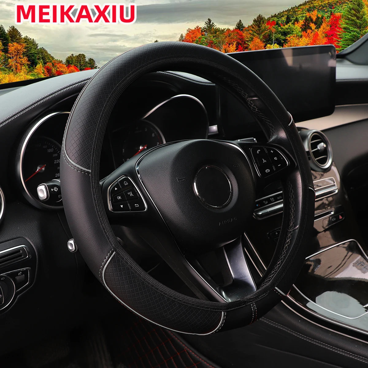 PU check-pattern embossed leather trim for car non-ring steering wheel cover for car interior accessories 37-38cm