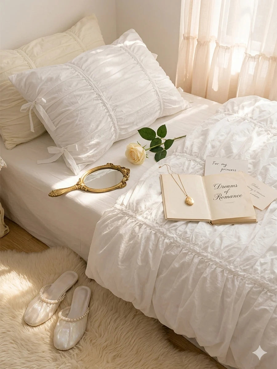 100% Cotton Washed Ruffle Bedding Set White Duvet Cover Set Queen King Size With Bow Ties Ultra Soft Breathable 4Pcs Bedclothes
