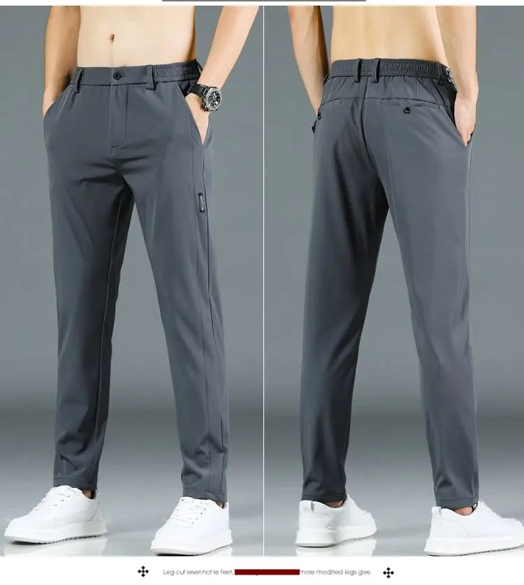 Ice silk men's pants 2025 summer new black gray thin business casual pants outdoor elastic breathable straight leg sports pants