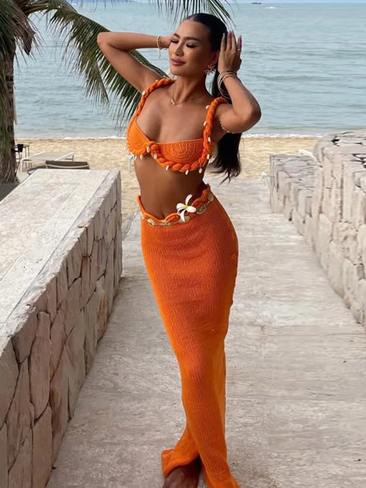 Knit Woven Bra Top Skirt Sets Women Twist Strap Sleeveless Backless Corset Long Skirts Suits Female 2 Pieces Seaside Vacation
