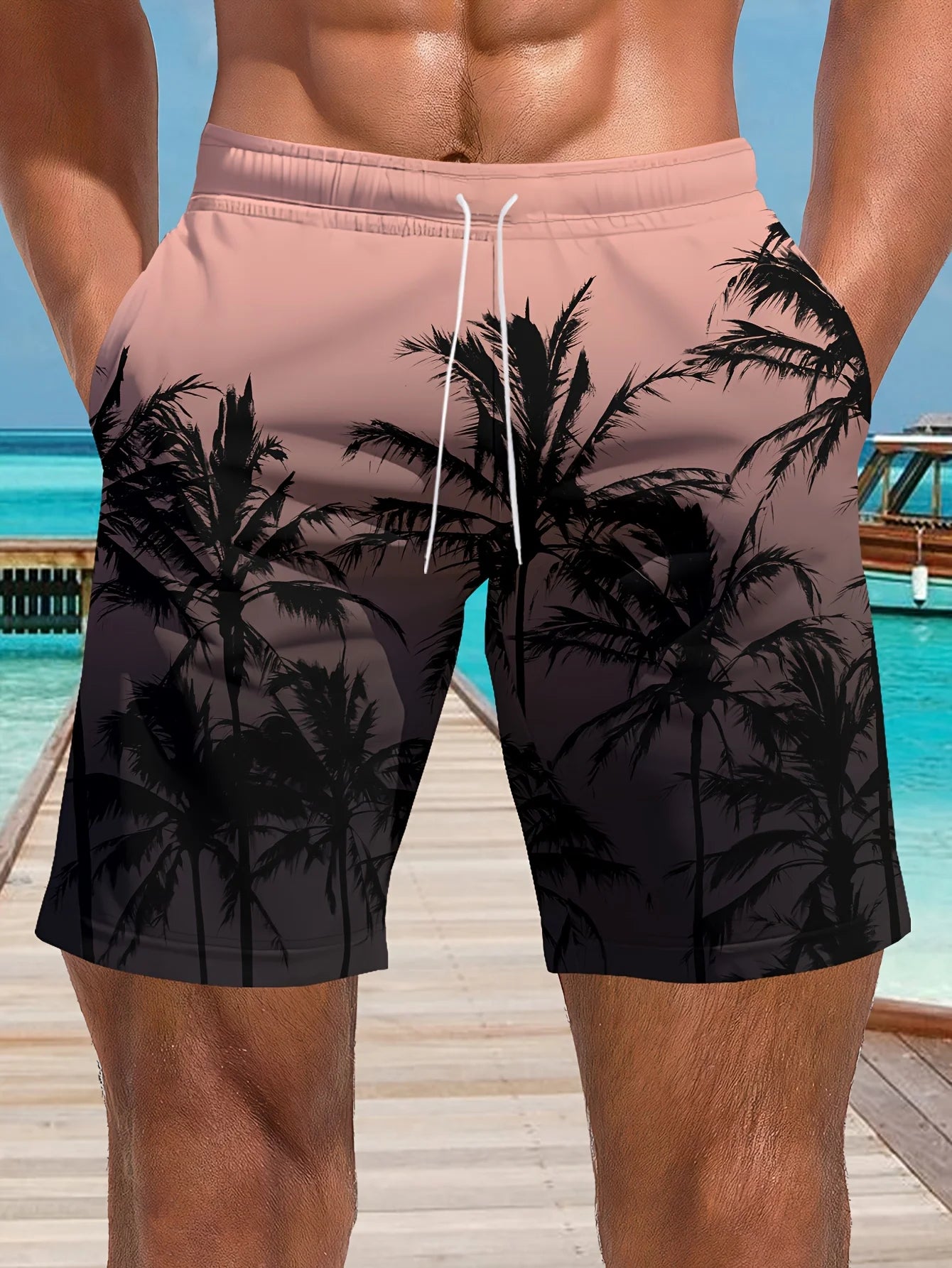 Men's Ocean Coconut Tree Print Beach Shorts Summer New Vacation Surfboard Shorts Casual Classic Men's Quick-Dry Shorts