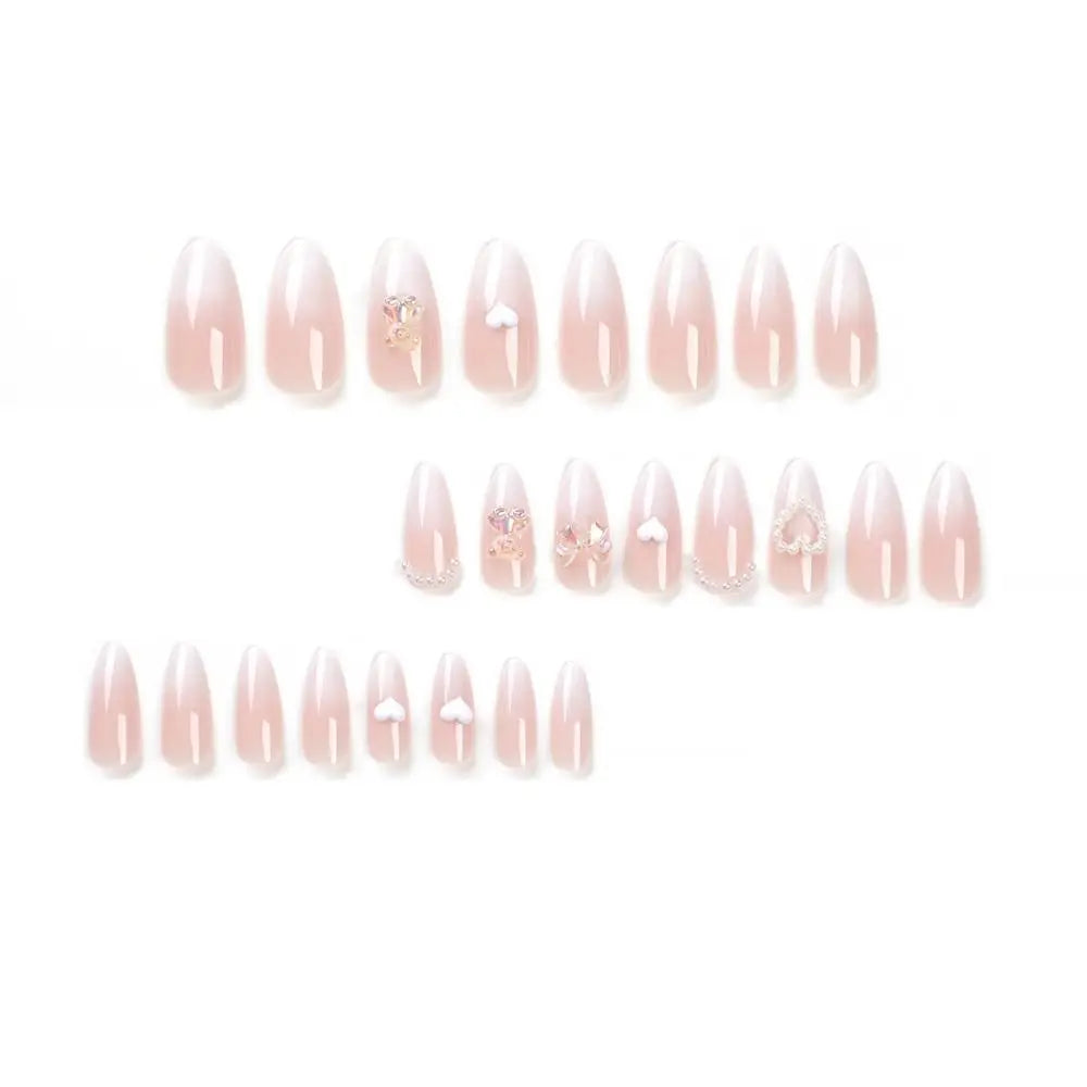24pcs Long Almond False Nails French Pearl Love Heart Bow Press on Nails Fake Nails DIY Manicure Detachable Nail Tips