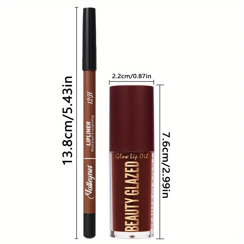 2pcs/SET Makeup Set: Matte Lip Liner + Moisturizing Colored Lip Oil,Long-Lasting and Easy to Color, Waterproof,ini Makeup Combo