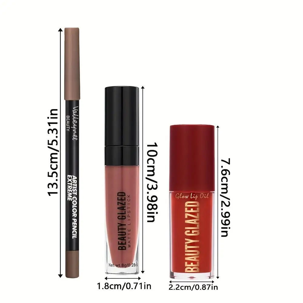 3pcs/Set Makeup Set: Matte Lip Liner+Lip Glaze+Moisturizing Lip Oil,Long-Lasting And Easy to Color,Waterproof And Sweat-Proof