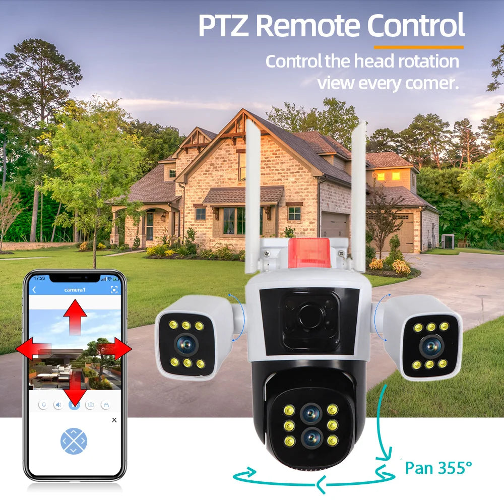 Smart Home WiFi Security Camera 16MP 8K HD Video CCTV Surveillance IP Cameras Outdoor 360° Wireless 4-Lens 3-Screen Camera