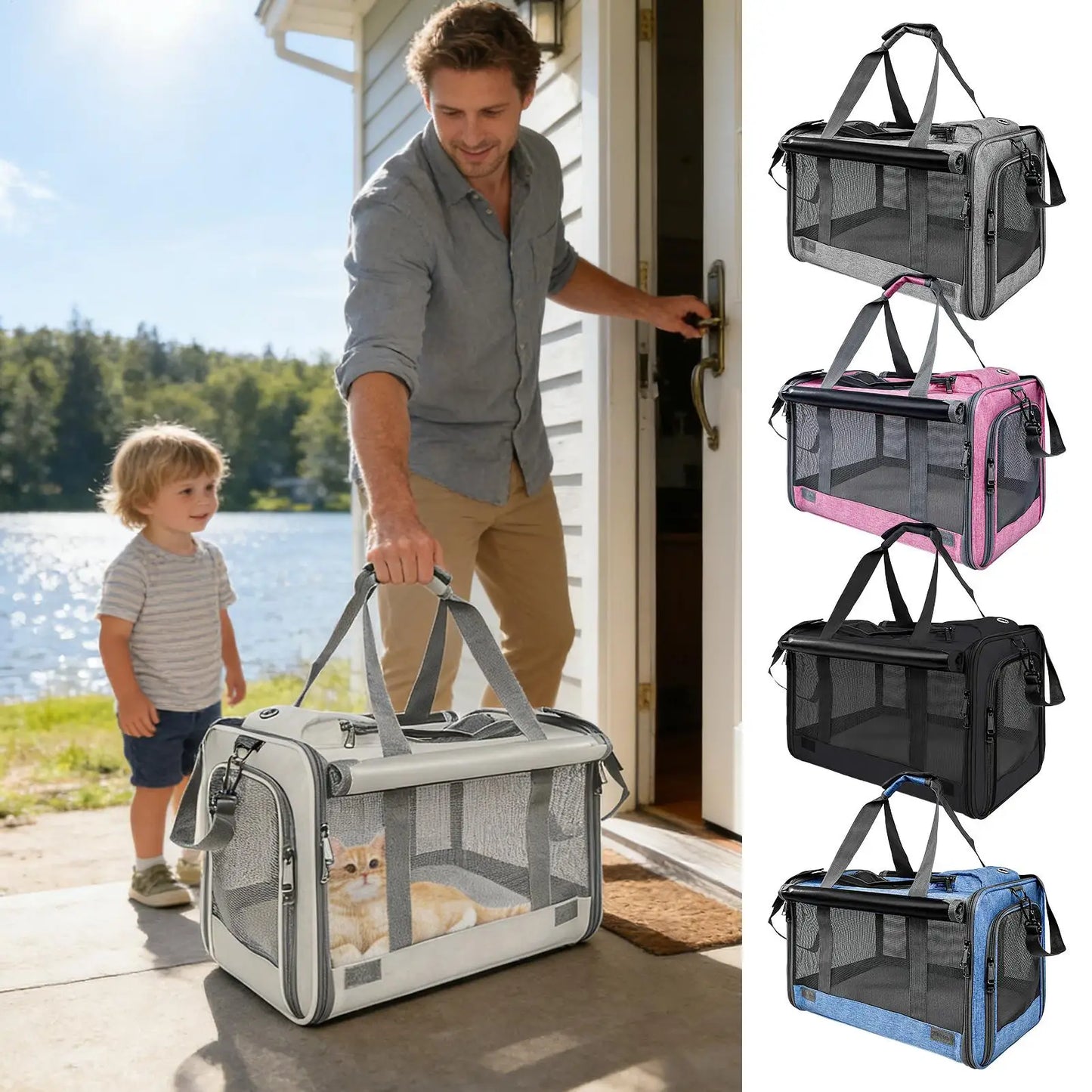 Breathable Pet Cat Travel Carrier, 20lbs Capacity Tote Bag, Outdoor Adventure Portable Container for Car Airplane Camping Vet