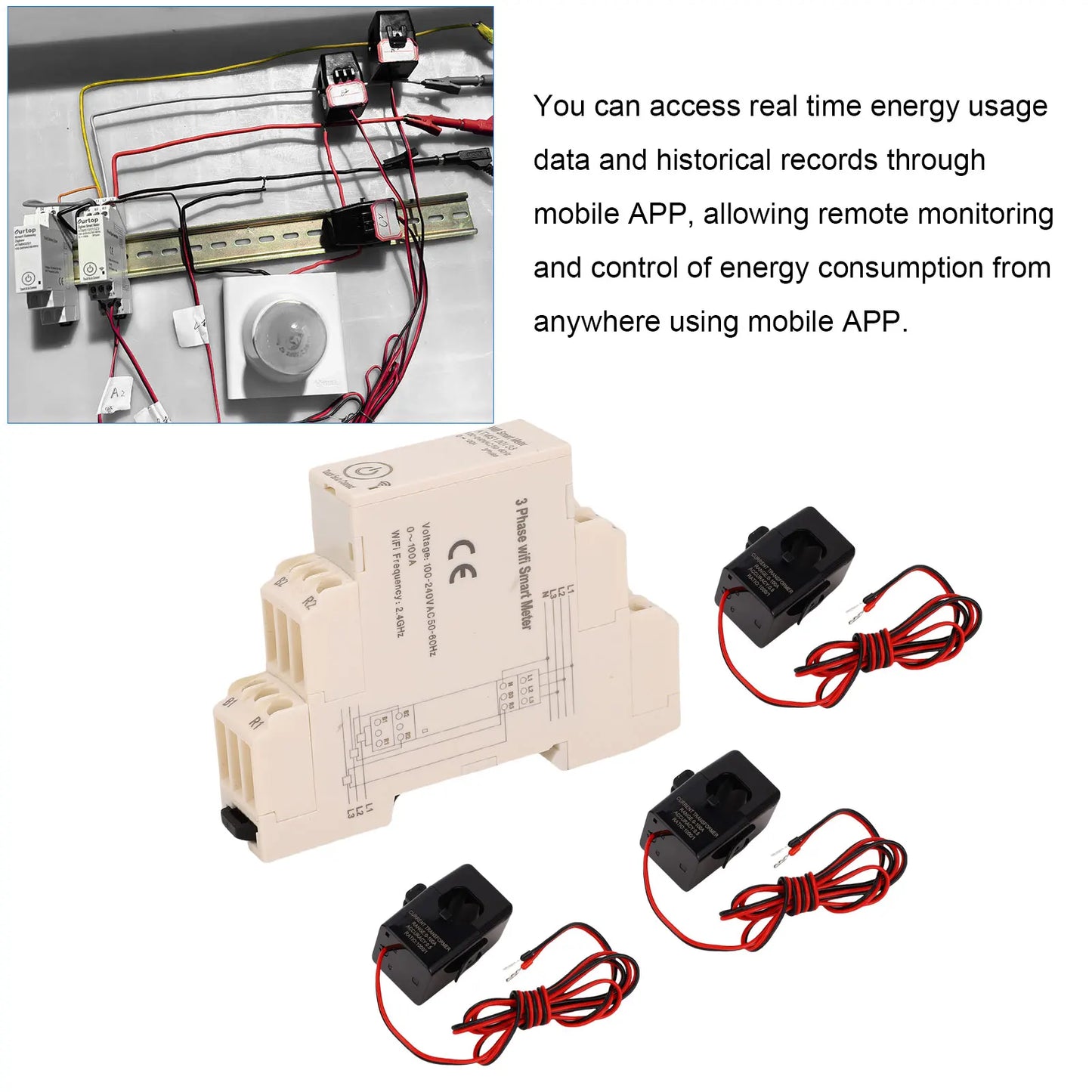 Smart Energy Meter 3 Phase Remote Control Smart Electricity Meter APP Monitoring Real Time Data with 3 Current Sensors for Home