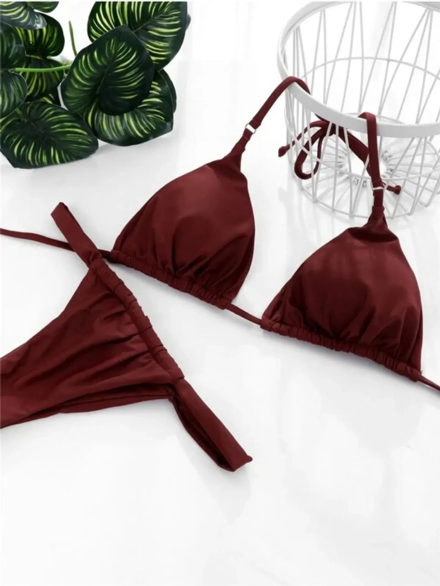 2025 Yearly Bikini Swimsuit Women's Separate Strap Pure Color Fabric Chest Pad Gathered Casual Beachwear Swimwear Set