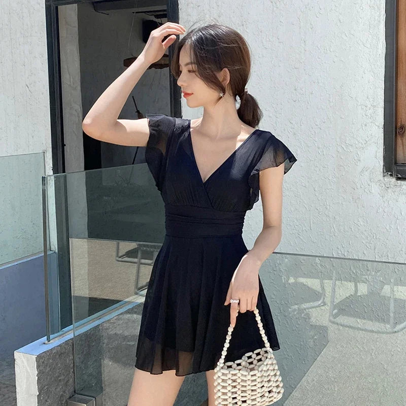 2026 New Swimsuit One-piece Swim Suit Sexy V Neck Swimwear Hot Spring Beach Bathing Skirt Dress Women