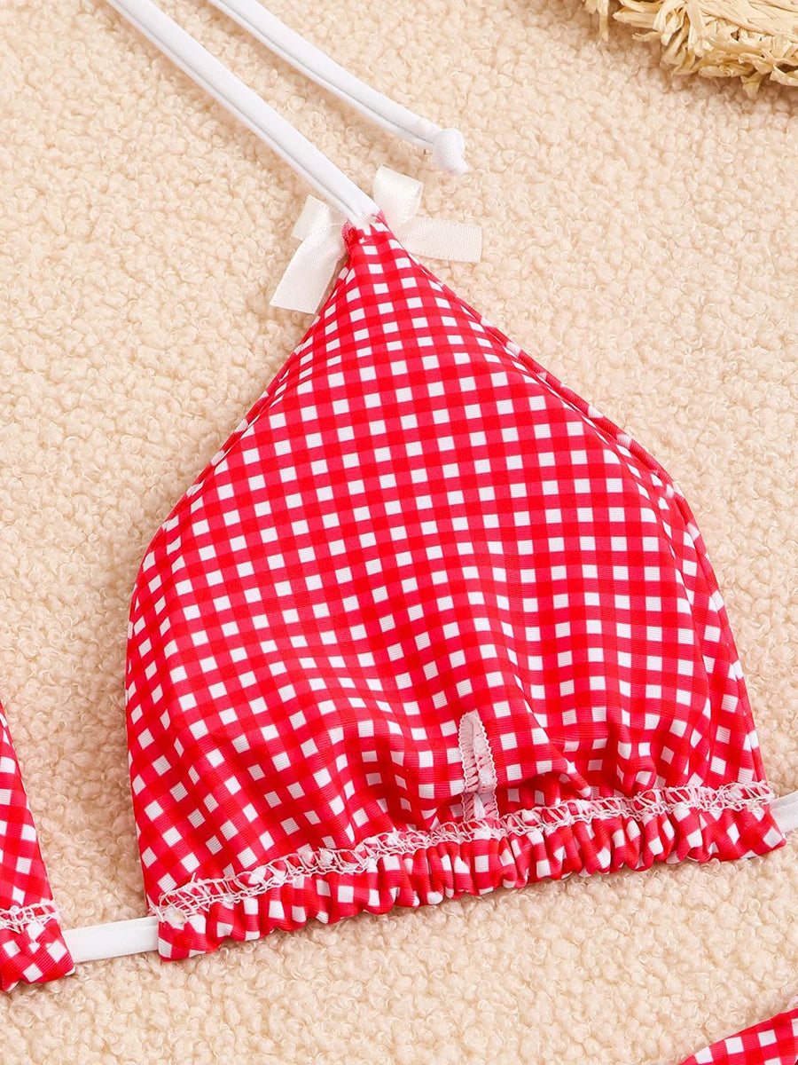 Sexy Bikini Women's Swimsuit Butterfly Decor Checked Swimwear 2026 Halter Thong Bikinis Sets Swimming for Beachwear Bathing Suit