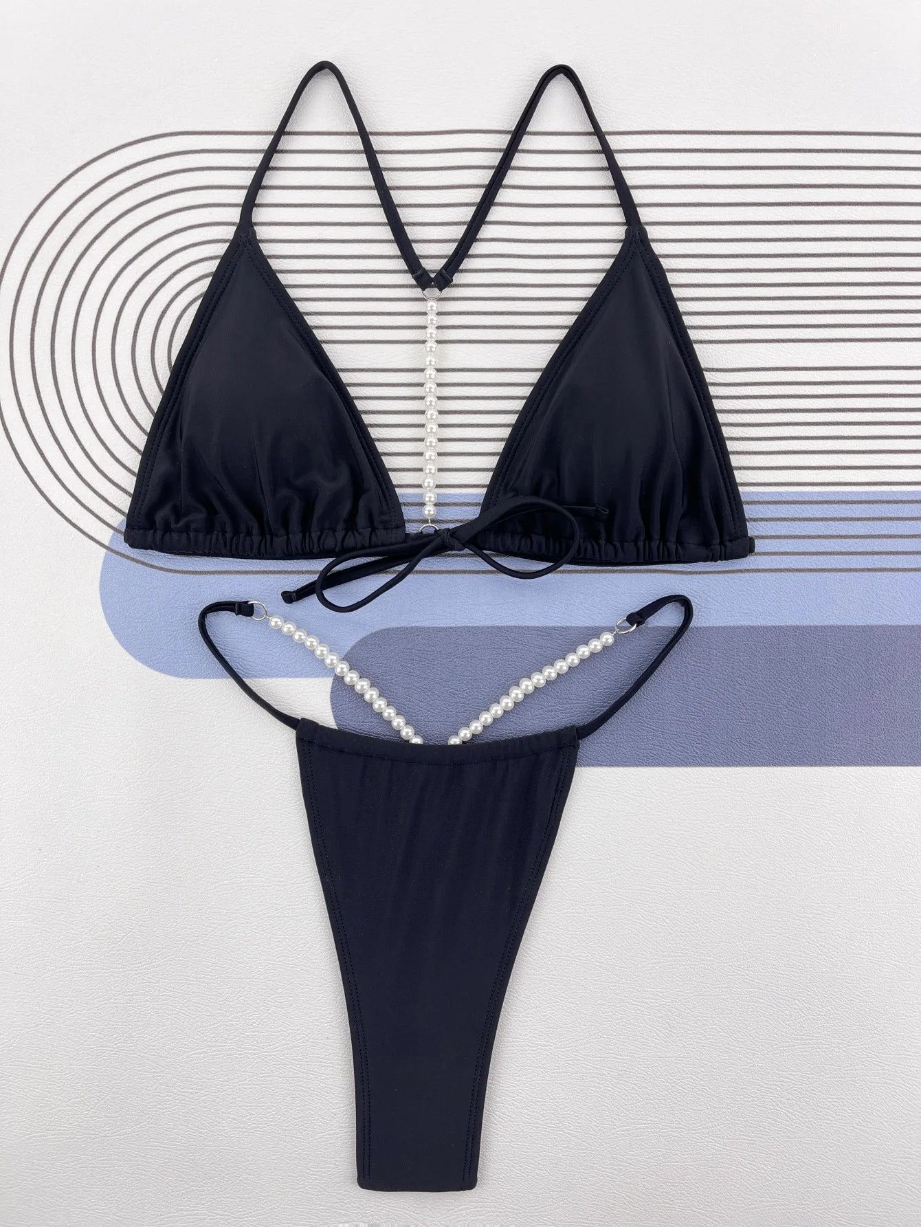 Sexy Pearls Thong Bikini Set Women Black White Front Bow Push Up Backless Micro Swimsuit 2026 Bathing Suit Cut Out Swimwear