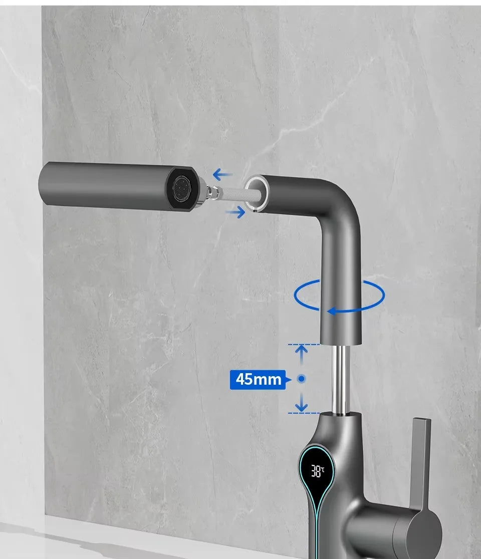 Lift Up Down Stream Sprayer Hot Cold Water Sink Mixer Wash Tap For Bathroom Waterfall Temperature Digital Display Basin Faucet