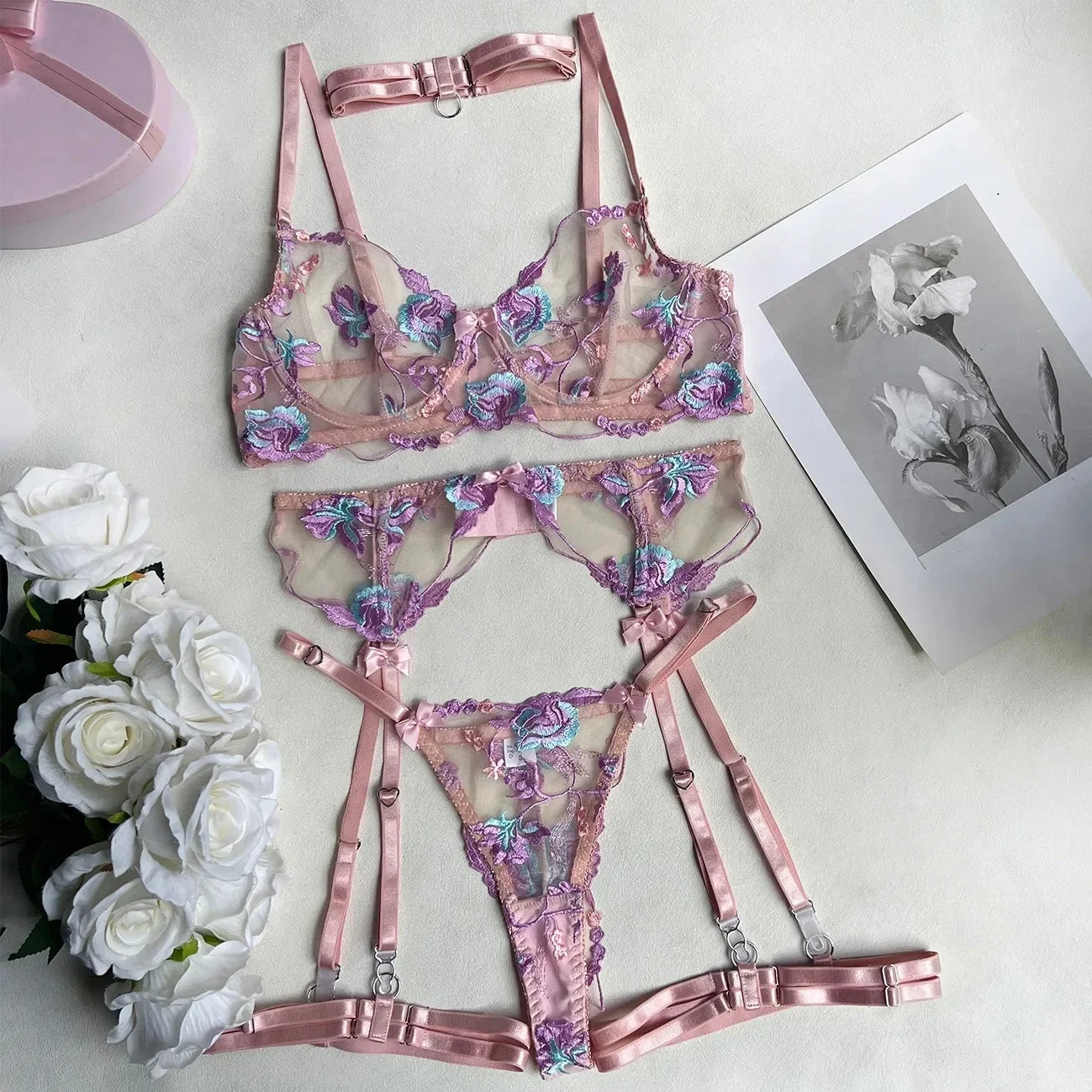 Lenceria Sexi Porno Mujer Sutiã Bordado De Renda Sutiã Tra Lenceria Set Yimunancy-Conjunto De Lingerie Bordado Floral Feminino