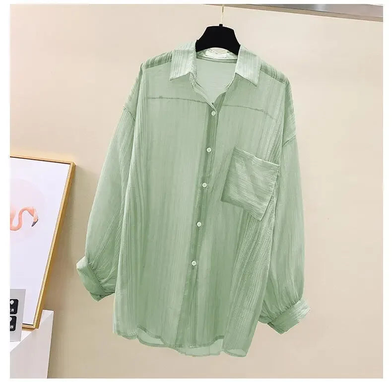 Summer Women's Elegant Chiffon Sunscreen Shirt Korean Harajuku Style See-Through Loose Blouse Thin Perspective Cardigan Yk2 Tops