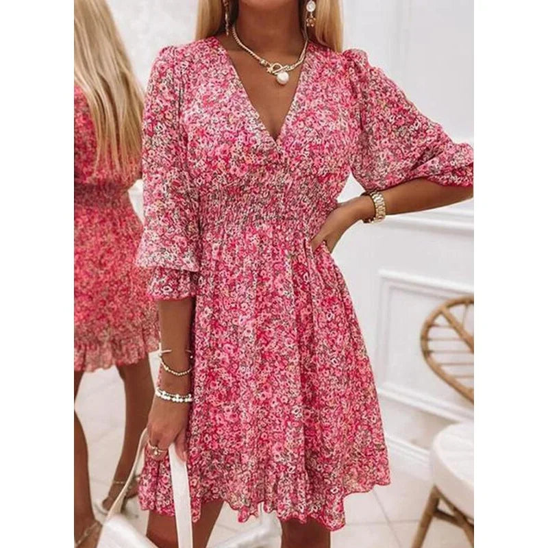 Summer Fashion Floral Dress for Women Midi Skirt Casual Tighten The Waist Pullover Printed Short Sleeves Bohemia Bright Dresses