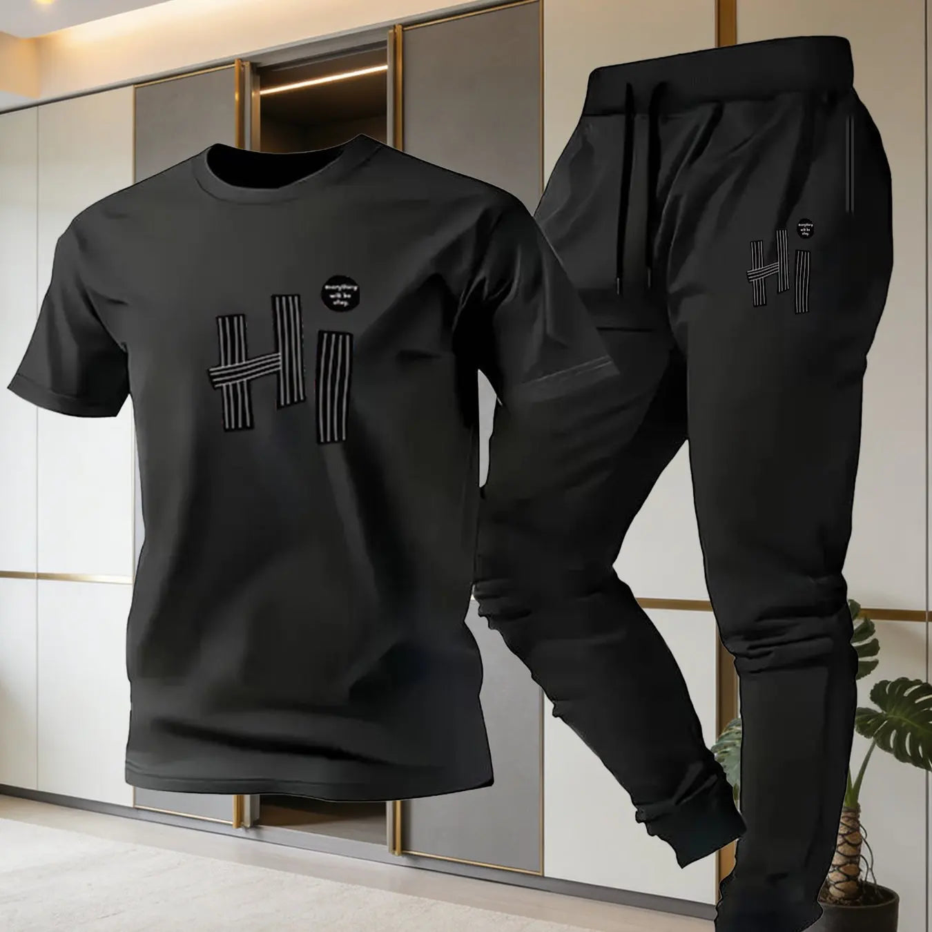 Men's HI Letter Striped Print T-Shirt & Thin Pants Set, Simple Casual Breathable Sports 2-Piece Set for Summer