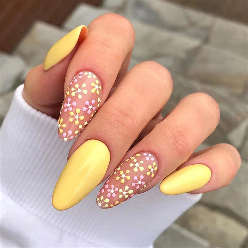24Pcs/Set Fake Nails With Glue Full Cover Nail Tips Press On Med Nails DIY Manicure Oval Head False Nails Pink Almond Artificial