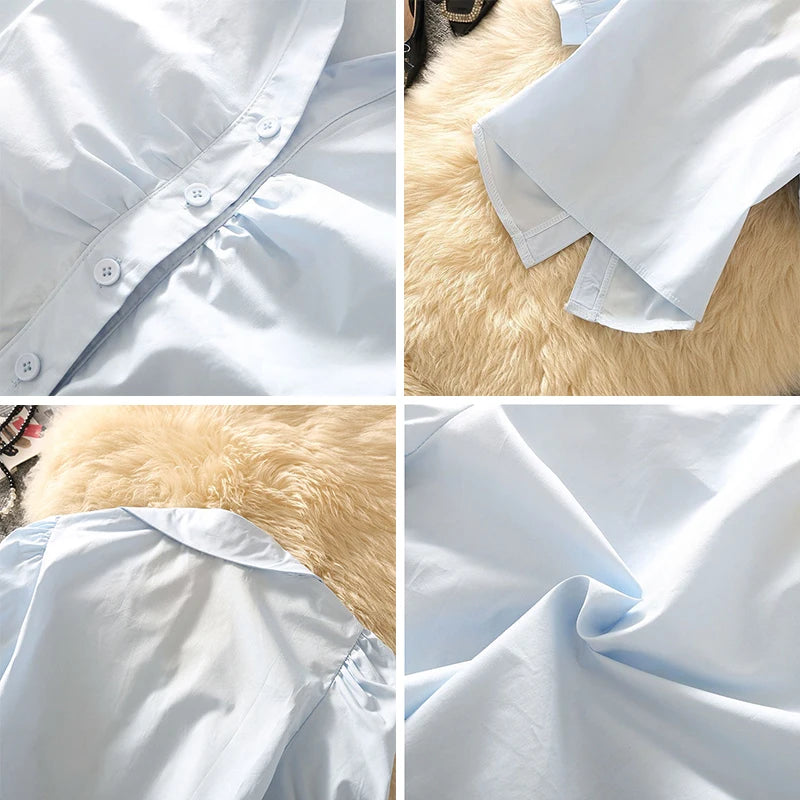 Cropped Summer Shirts Women Simple Office Lady All-match Solid Sweet Short-sleeve Design Chic Young Y2k Tops Popular Slim Preppy