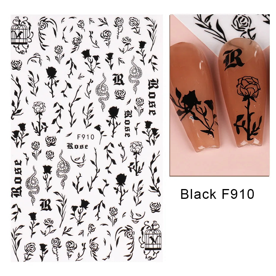 1PCS Black White Butterfly Laser Nail Stickers Y2K Nail Art Decoration Abstract Lines Bronzing Flowers Stickers For Nails