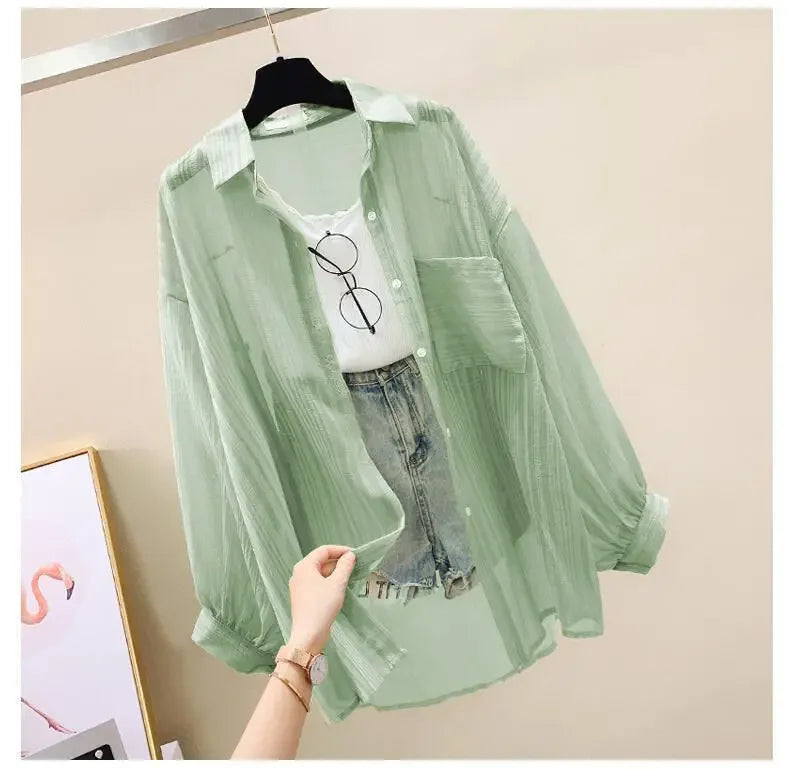 Summer Women's Elegant Chiffon Sunscreen Shirt Korean Harajuku Style See-Through Loose Blouse Thin Perspective Cardigan Yk2 Tops