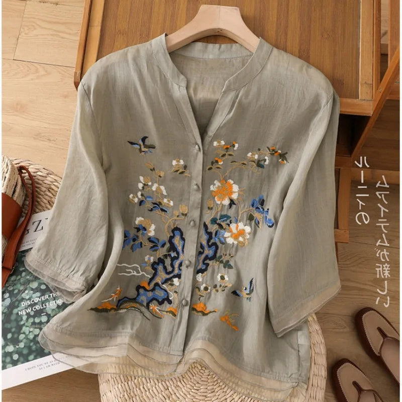 Luxury Embroidery Vintage Shirts Summer Women's Clothing Trends Tops Casual Cardigan Loose Short Coat Patchwork Buttons Blouses