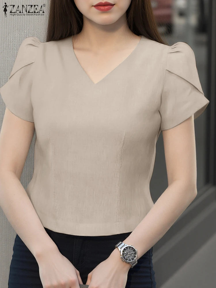 Summer Short Puff Sleeve Blouse ZANZEA Women Tunic Tops 2025 Fashion Solid Color Shirts Sexy V-Neck Casual Blusas Streetwear