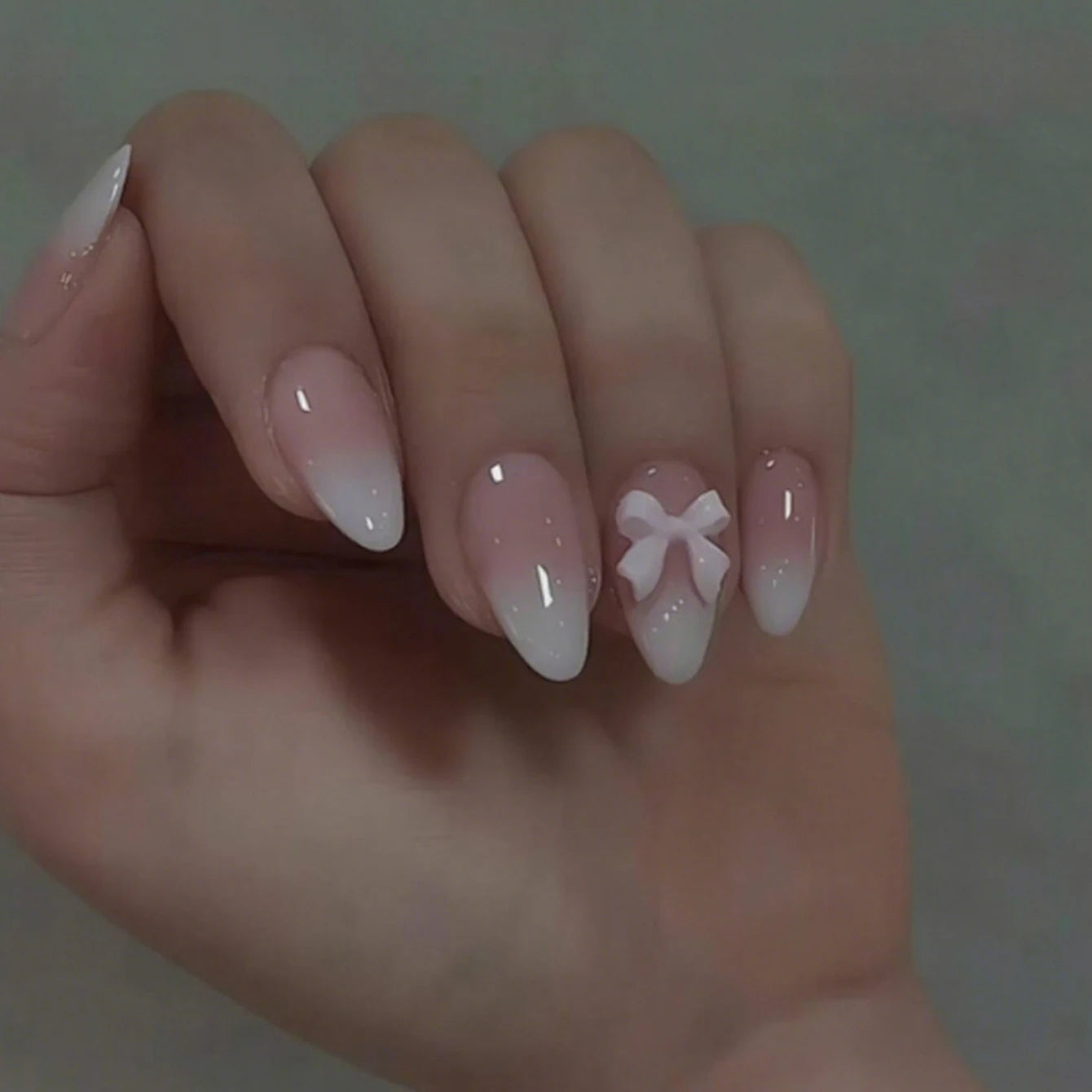 24PCS Almond Press on Nails Medium Fake Nails with Pink Bow Designs Glue on Nails Glossy Acrylic False Nails As Women Girls Fift