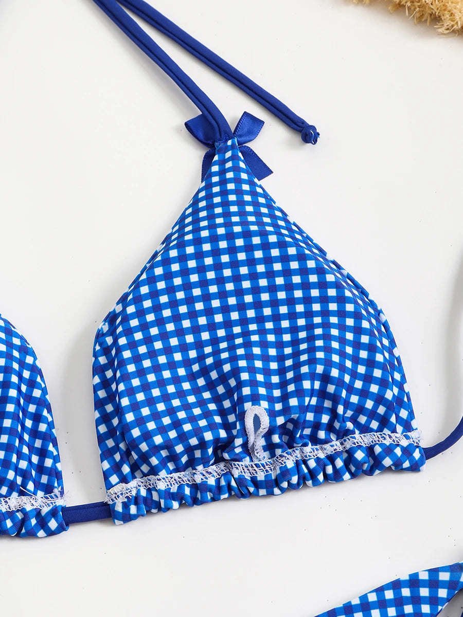 Sexy Bikini Women's Swimsuit Butterfly Decor Checked Swimwear 2026 Halter Thong Bikinis Sets Swimming for Beachwear Bathing Suit
