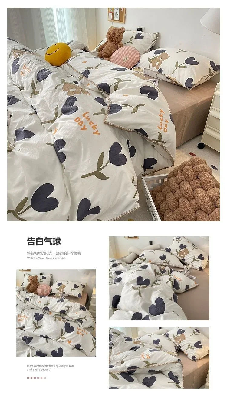 Bedding Set  Girls Cherry  Soft Washed Cotton Bed Sheet Queen King Size Duvet Set  Comforter Set Pillowcase Bed Linens
