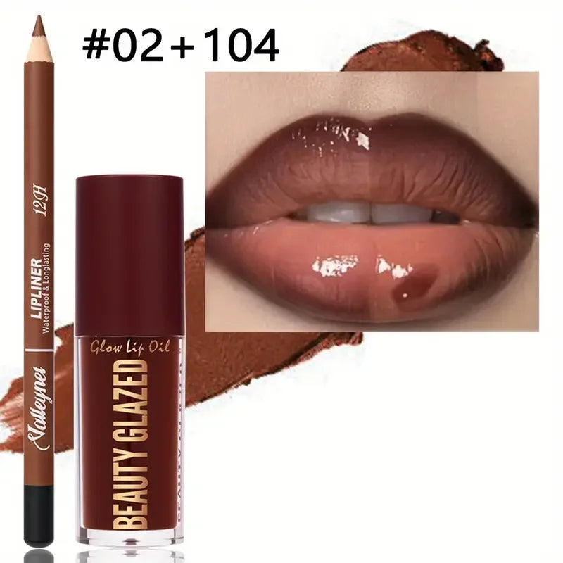 2pcs/SET Makeup Set: Matte Lip Liner + Moisturizing Colored Lip Oil,Long-Lasting and Easy to Color, Waterproof,ini Makeup Combo