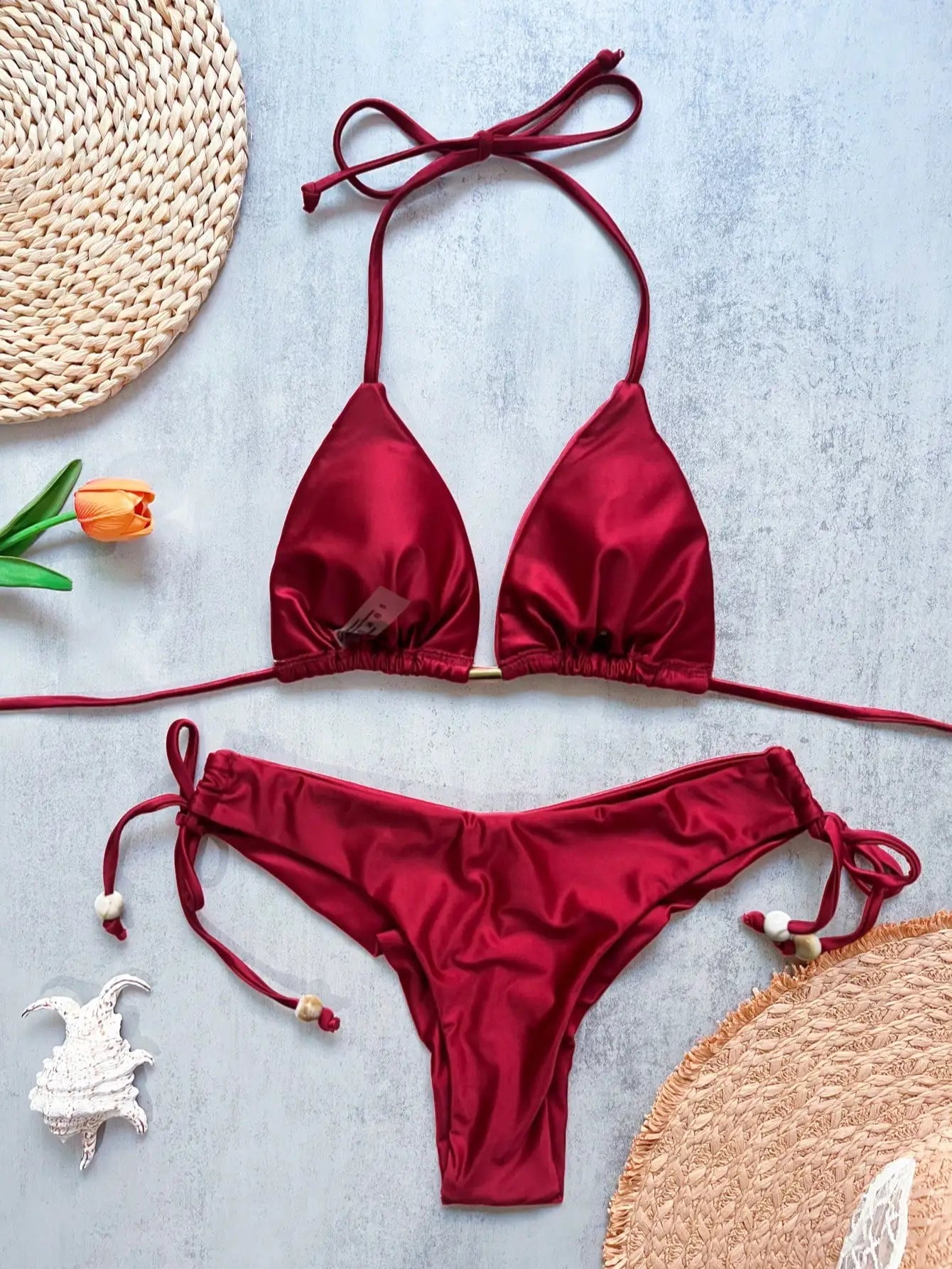 Solid color bikini set 2026 women's new swimsuit 2-piece set bead neck hanging bikinis summer beach Swimwear