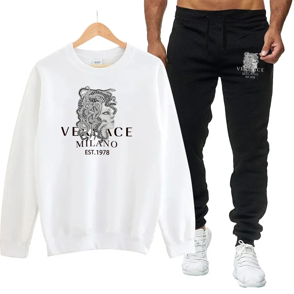 Men's autumn round neck sweatshirt set, luxurious printed simple casual sports set