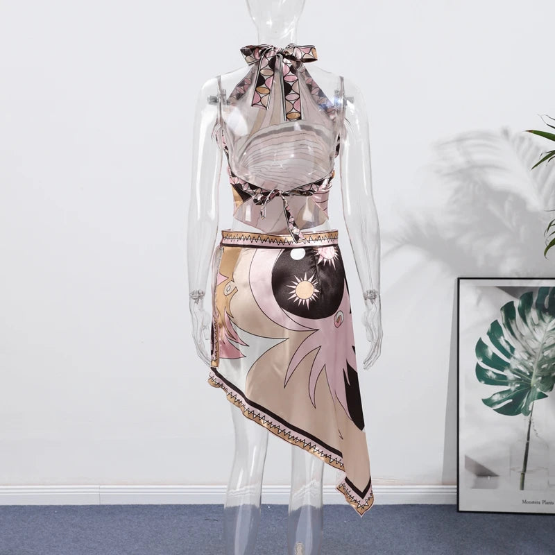 Fashion Halter Printed 3 Pieces Sets Women Lace Up Sleeveless Backless Tops Mini Shorts Asymmetric Skirts 2026 Summer Lady Suits