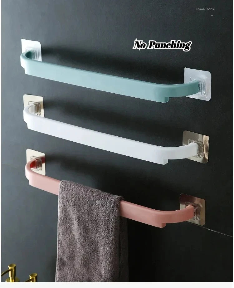 Adhesive Towel Rack for Bathroom Towel Bar Bath Shelf Wall Mounted Towel Hanger Toilet Suction Cup Holder Kitchen Organizer