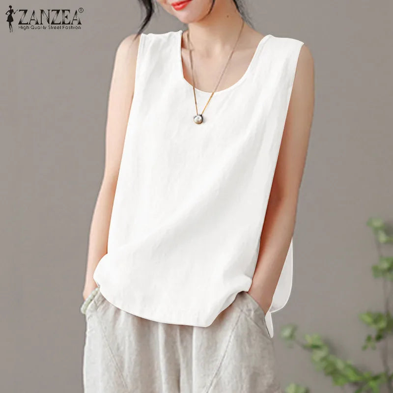 2024 ZANZEA Fashion Summer Beach Shirt Women O Neck Sleeveless Tanks Tops Female Party Solid Loose Blouse Elegant OL Work Blusas